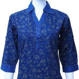 Denim Top with Floral Print - Blue